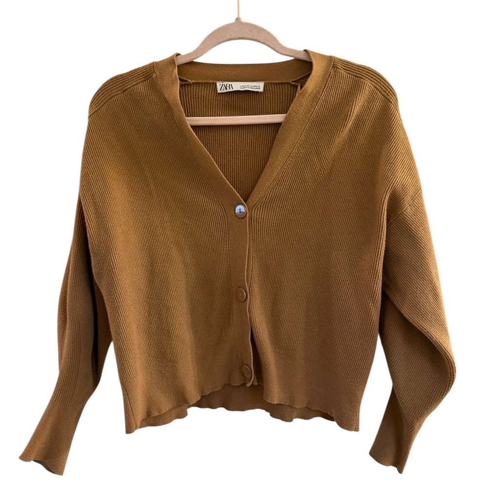 Zara Soft Mustard Knit Ribbed Button Down Cardigan Size M - Picture 3 of 5